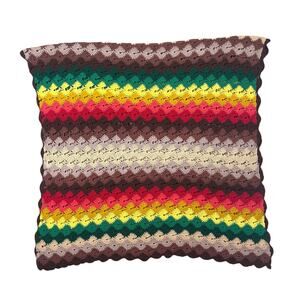 Vintage Handmade Striped Crochet Quilt Afghan Blanket Brown, Red, Yellow, Green
